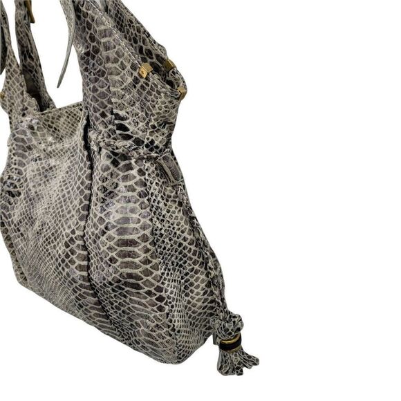 Elliott Lucca Leather Gray Cream Snakeskin Large Hobo Shoulder Bag Tassel Detail - Picture 10 of 14